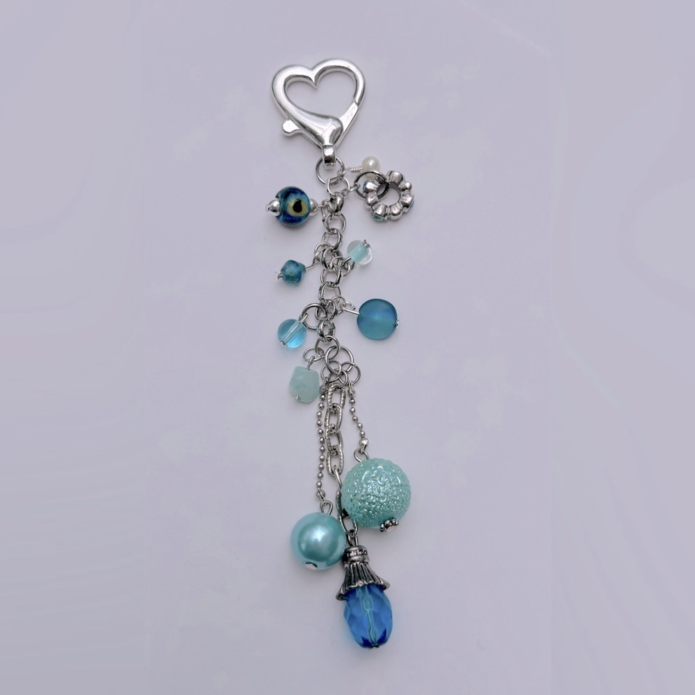 Aqua Dangle 5.5" Blue & Silver Bag Charm Purse Backpack Accy. -  Handmade - Picture 2 of 2